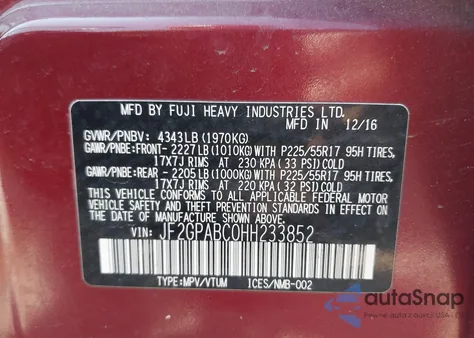 2017 Subaru Crosstrek 2.0I Premium из США, поврежденный, VIN JF2GPABC0HH233852